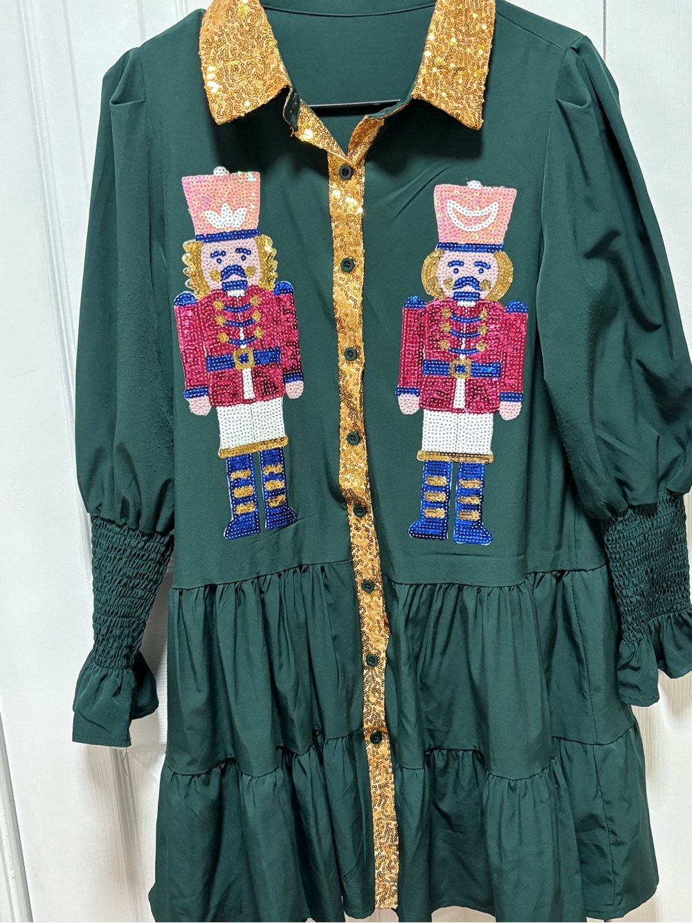 Source Unknown Emerald Green Nutcracker Embellished Shirt Dress with Gold Trim